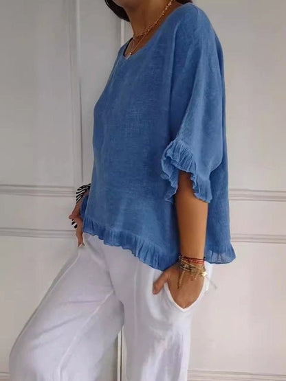 Effortless Linen Blouse for Women with Scoop Neck Elbow Sleeve Ruffle Trim Relaxed Style
