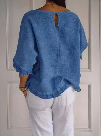 Effortless Linen Blouse for Women with Scoop Neck Elbow Sleeve Ruffle Trim Relaxed Style