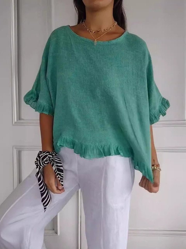 Effortless Linen Blouse for Women with Scoop Neck Elbow Sleeve Ruffle Trim Relaxed Style
