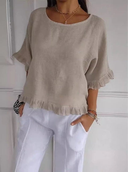 Effortless Linen Blouse for Women with Scoop Neck Elbow Sleeve Ruffle Trim Relaxed Style