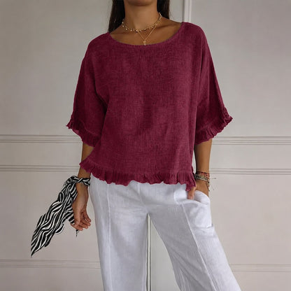 Effortless Linen Blouse for Women with Scoop Neck Elbow Sleeve Ruffle Trim Relaxed Style