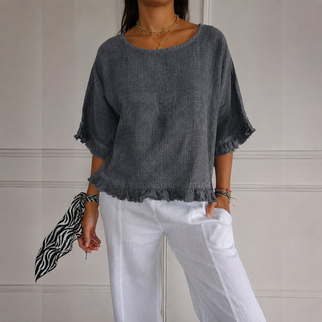 Effortless Linen Blouse for Women with Scoop Neck Elbow Sleeve Ruffle Trim Relaxed Style