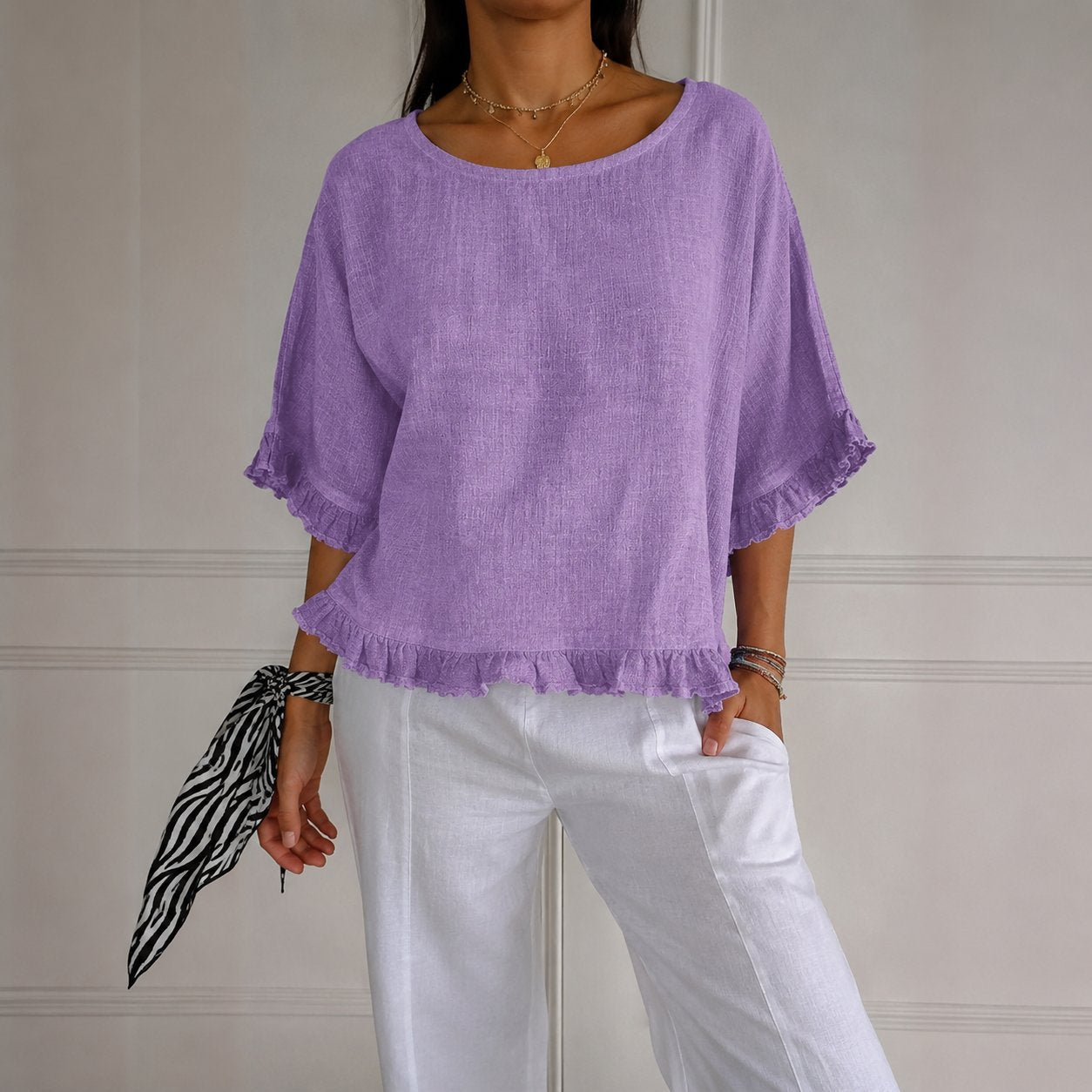 Effortless Linen Blouse for Women with Scoop Neck Elbow Sleeve Ruffle Trim Relaxed Style