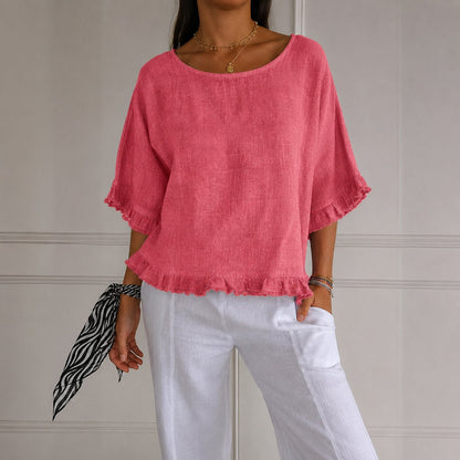 Effortless Linen Blouse for Women with Scoop Neck Elbow Sleeve Ruffle Trim Relaxed Style