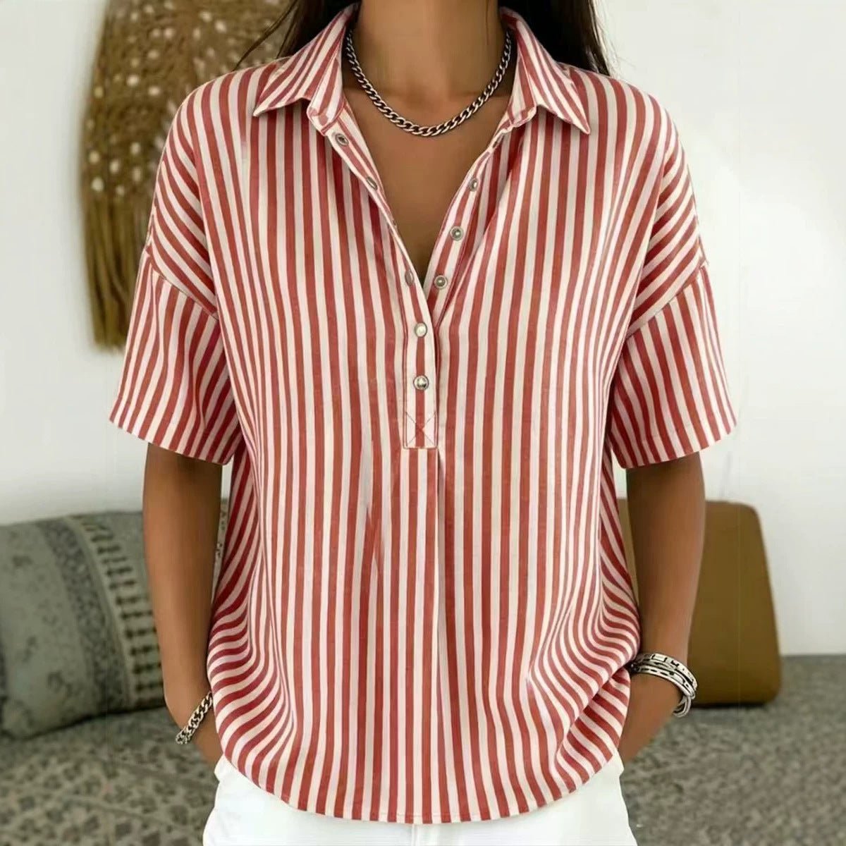 Effortless Striped Blouse for Women with Collar Short Sleeve Button Front Relaxed Style