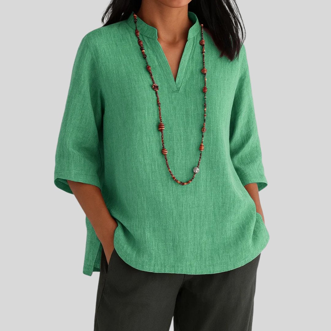 Effortless Linen Tunic Blouse for Women with Notched Collar Half Sleeve Relaxed Side Slit Style