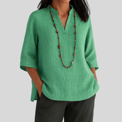 Effortless Linen Tunic Blouse for Women with Notched Collar Half Sleeve Relaxed Side Slit Style