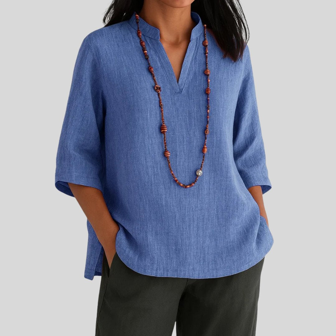 Effortless Linen Tunic Blouse for Women with Notched Collar Half Sleeve Relaxed Side Slit Style