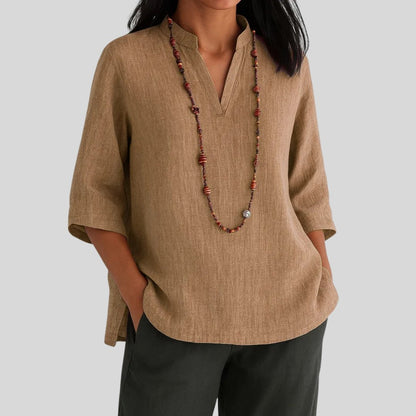 Effortless Linen Tunic Blouse for Women with Notched Collar Half Sleeve Relaxed Side Slit Style