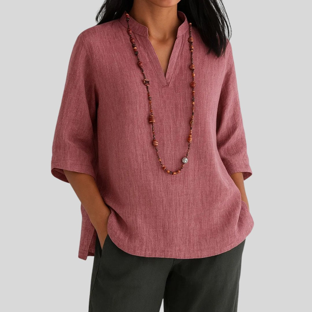 Effortless Linen Tunic Blouse for Women with Notched Collar Half Sleeve Relaxed Side Slit Style