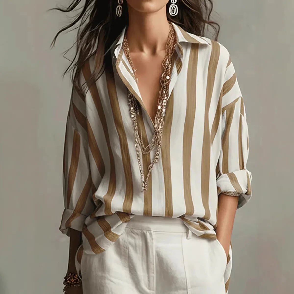 Effortless Striped Blouse for Women with Collar Long Sleeve Relaxed Oversized Casual Style