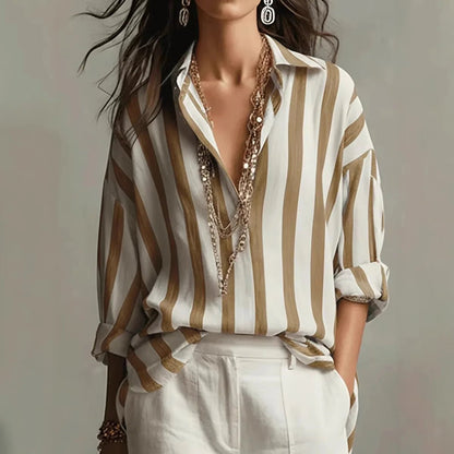 Effortless Striped Blouse for Women with Collar Long Sleeve Relaxed Oversized Casual Style