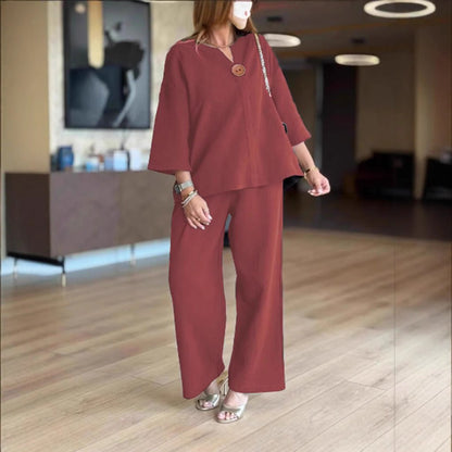Effortless Linen Wide Leg Set for Women with V Neck Elbow Sleeve Button Front Relaxed Two Piece Style