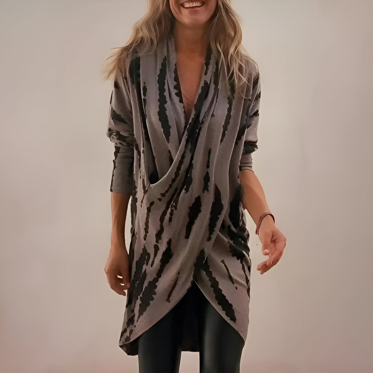 Effortless Gray Tie Dye Wrap Cardigan for Women with V Neck Long Sleeve Draped Asymmetrical Hem Bohemian Style