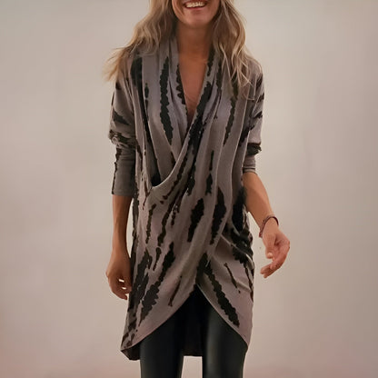 Effortless Gray Tie Dye Wrap Cardigan for Women with V Neck Long Sleeve Draped Asymmetrical Hem Bohemian Style