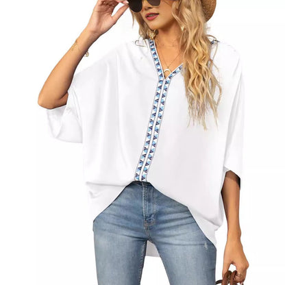 Effortless Embroidered Trim Blouse for Women with V Neck Batwing Sleeve Relaxed Bohemian Style