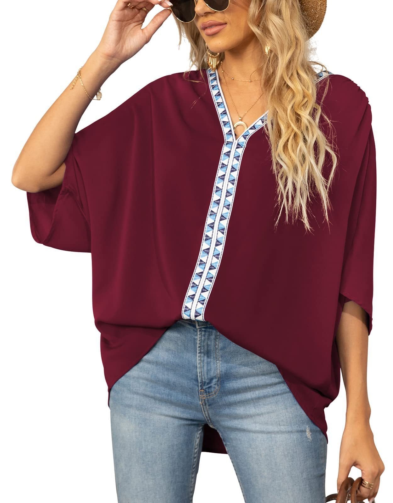 Effortless Embroidered Trim Blouse for Women with V Neck Batwing Sleeve Relaxed Bohemian Style