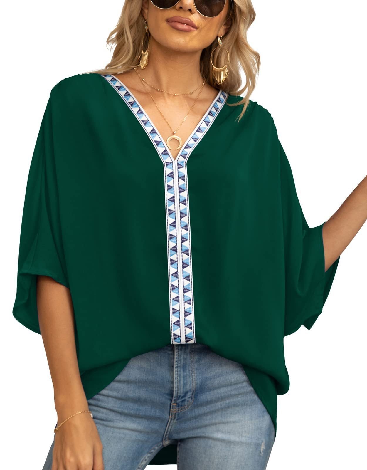 Effortless Embroidered Trim Blouse for Women with V Neck Batwing Sleeve Relaxed Bohemian Style