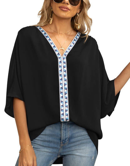 Effortless Embroidered Trim Blouse for Women with V Neck Batwing Sleeve Relaxed Bohemian Style