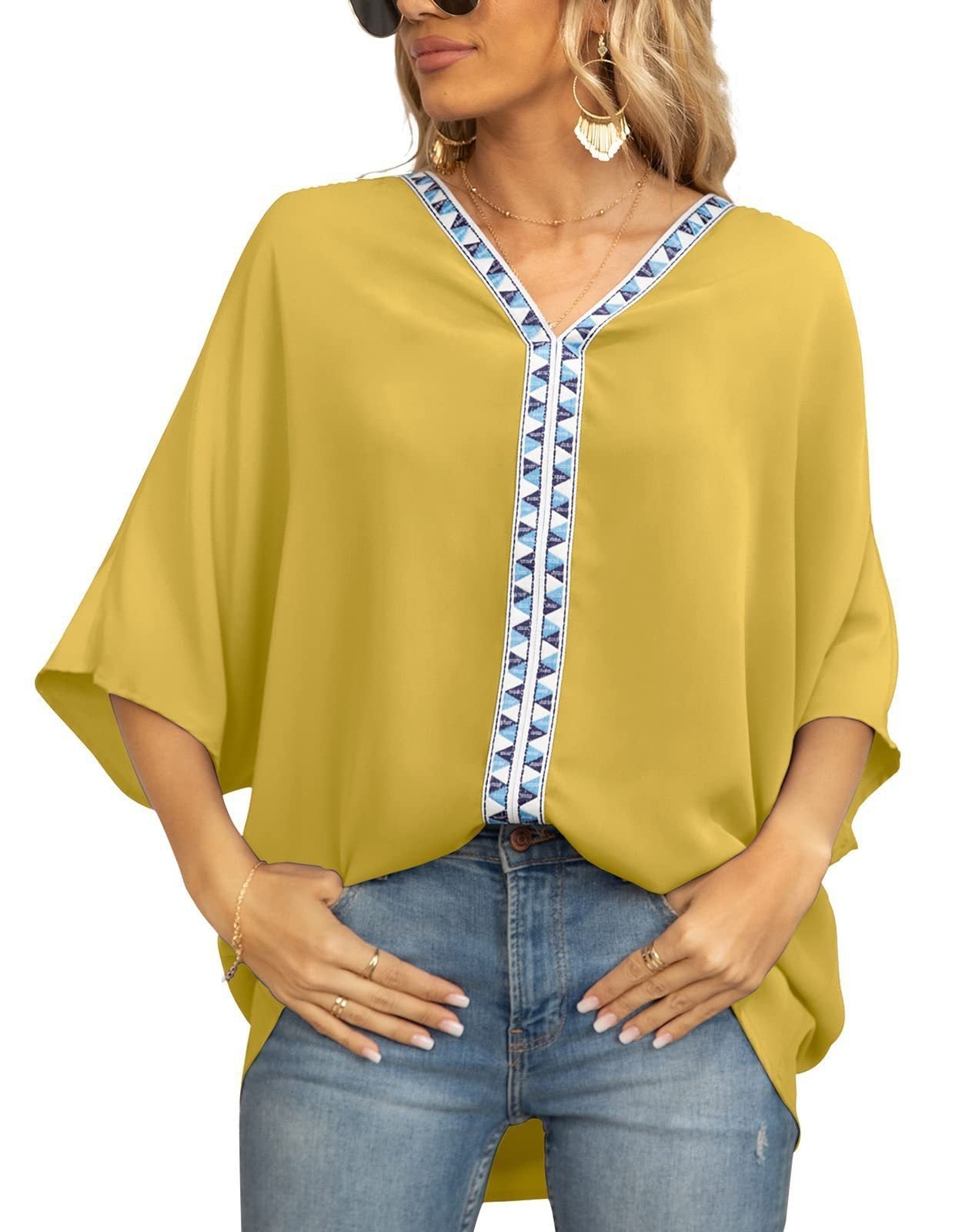Effortless Embroidered Trim Blouse for Women with V Neck Batwing Sleeve Relaxed Bohemian Style