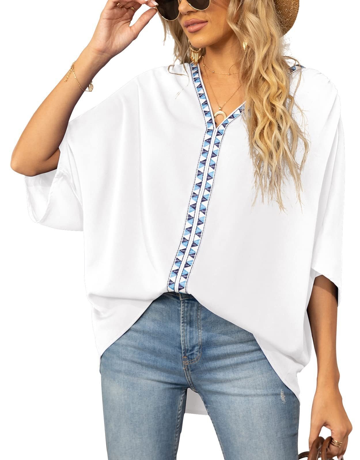 Effortless Embroidered Trim Blouse for Women with V Neck Batwing Sleeve Relaxed Bohemian Style
