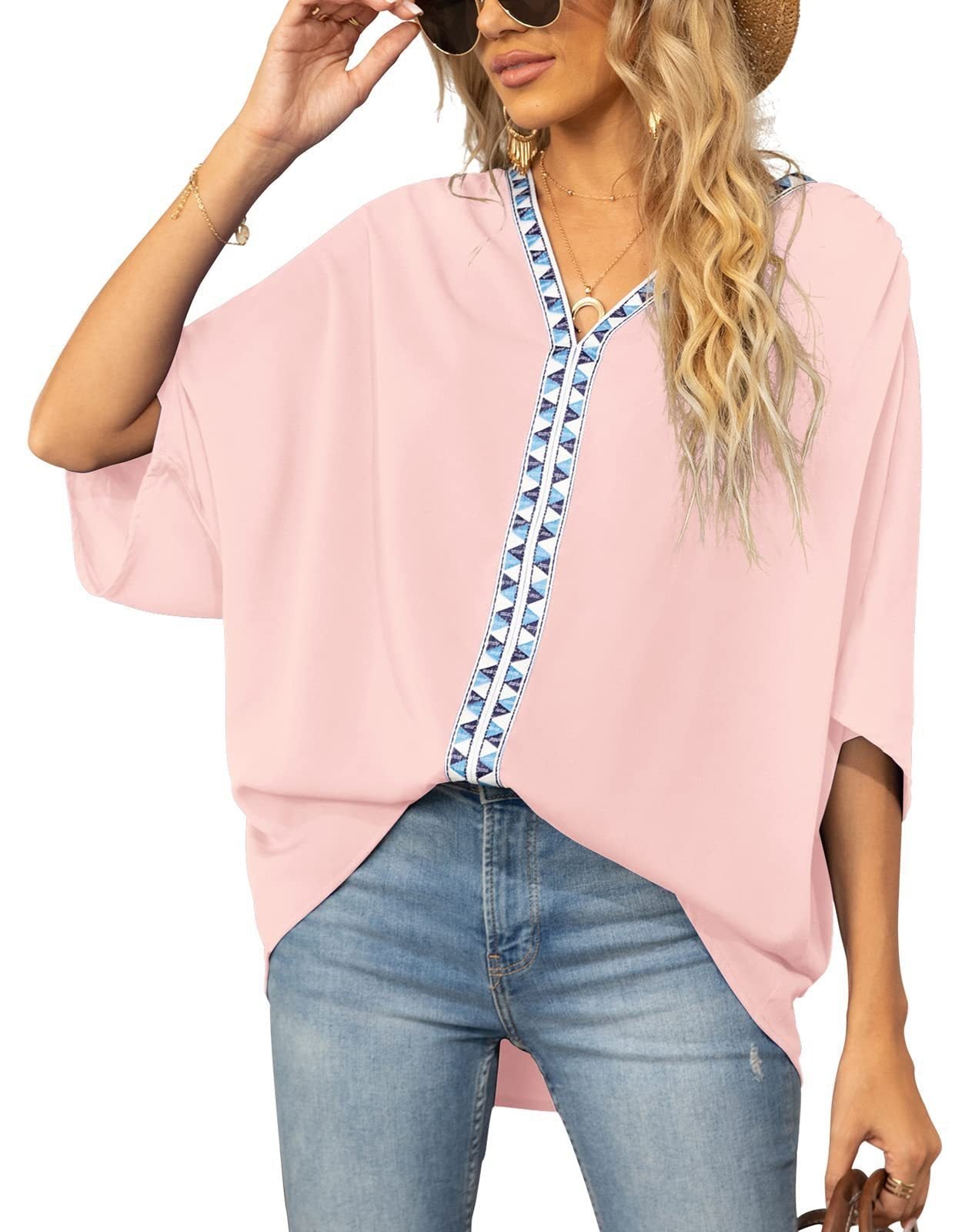 Effortless Embroidered Trim Blouse for Women with V Neck Batwing Sleeve Relaxed Bohemian Style