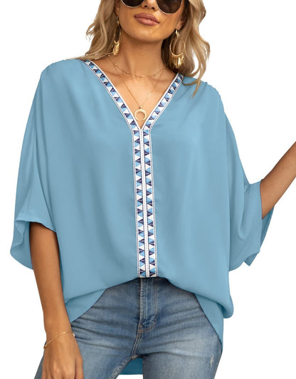 Effortless Embroidered Trim Blouse for Women with V Neck Batwing Sleeve Relaxed Bohemian Style
