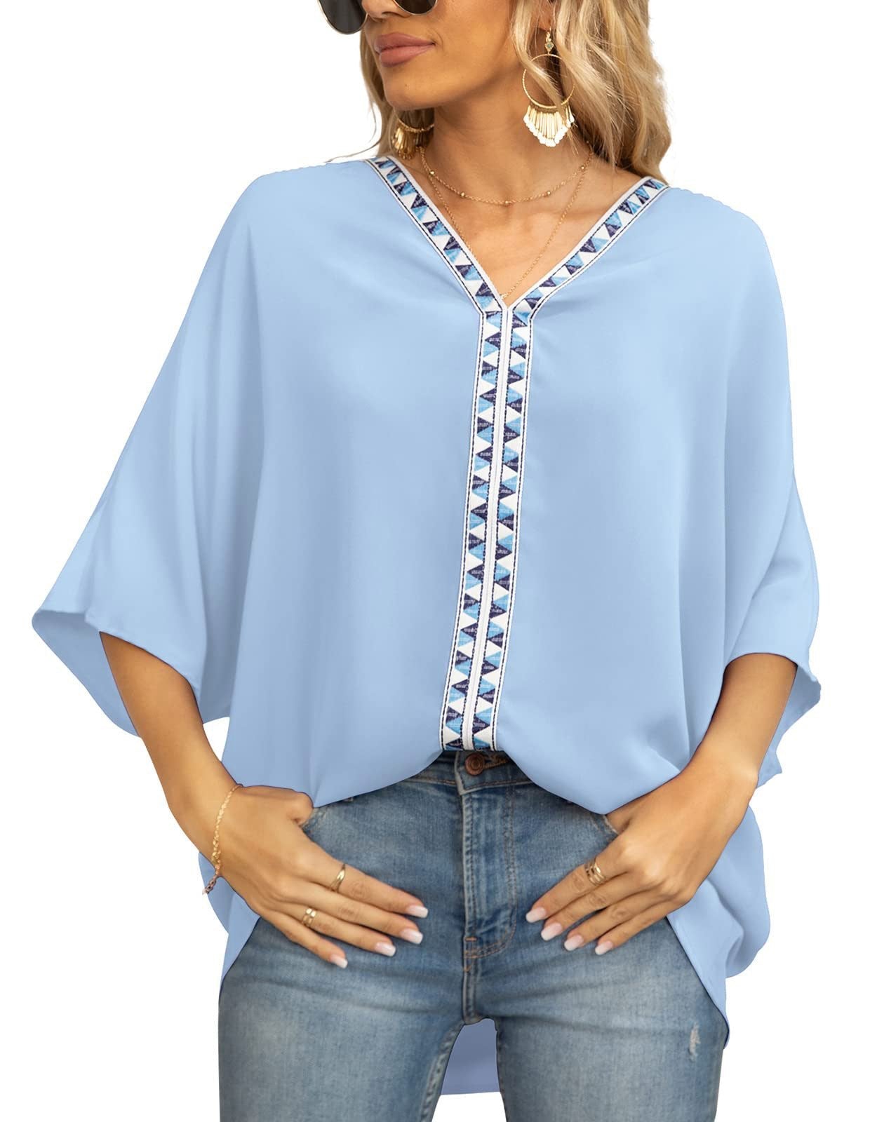 Effortless Embroidered Trim Blouse for Women with V Neck Batwing Sleeve Relaxed Bohemian Style