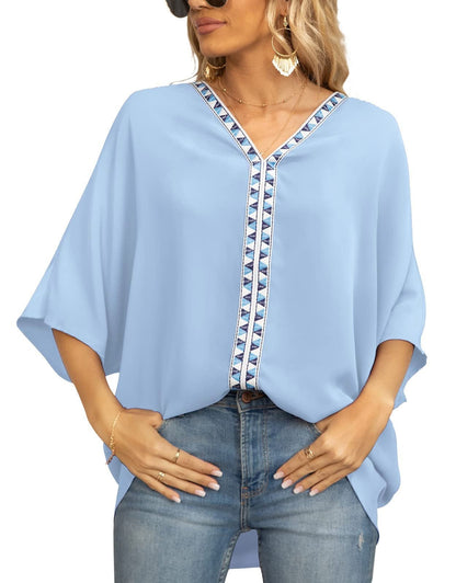 Effortless Embroidered Trim Blouse for Women with V Neck Batwing Sleeve Relaxed Bohemian Style