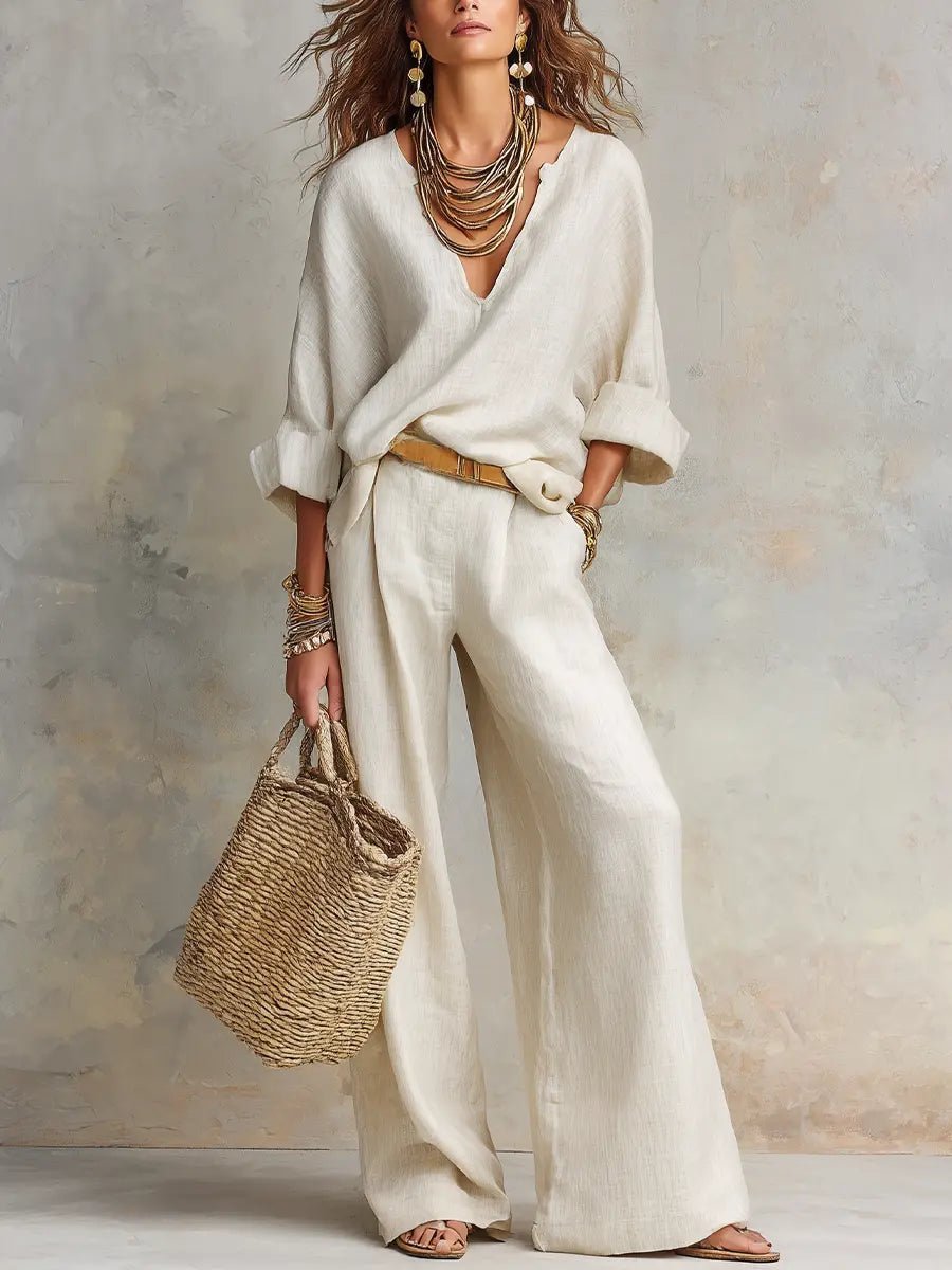 Effortless Linen Wide Leg Set for Women with V Neck Wrap Sleeve Relaxed Two Piece Style