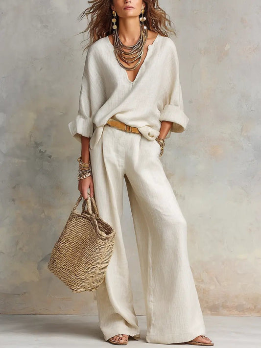 Effortless Linen Wide Leg Set for Women with V Neck Wrap Sleeve Relaxed Two Piece Style