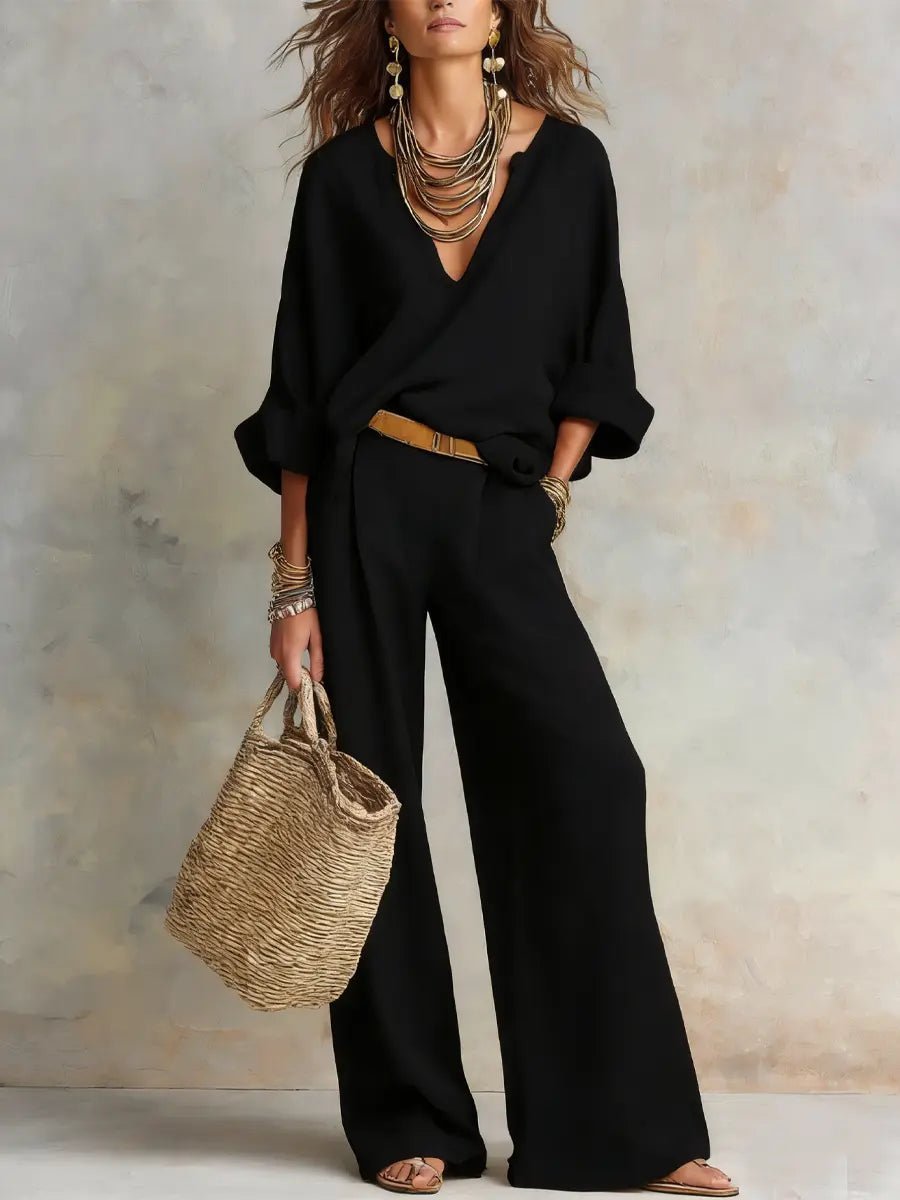 Effortless Linen Wide Leg Set for Women with V Neck Wrap Sleeve Relaxed Two Piece Style