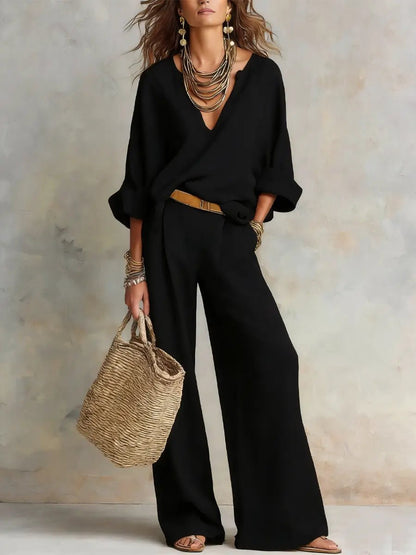 Effortless Linen Wide Leg Set for Women with V Neck Wrap Sleeve Relaxed Two Piece Style