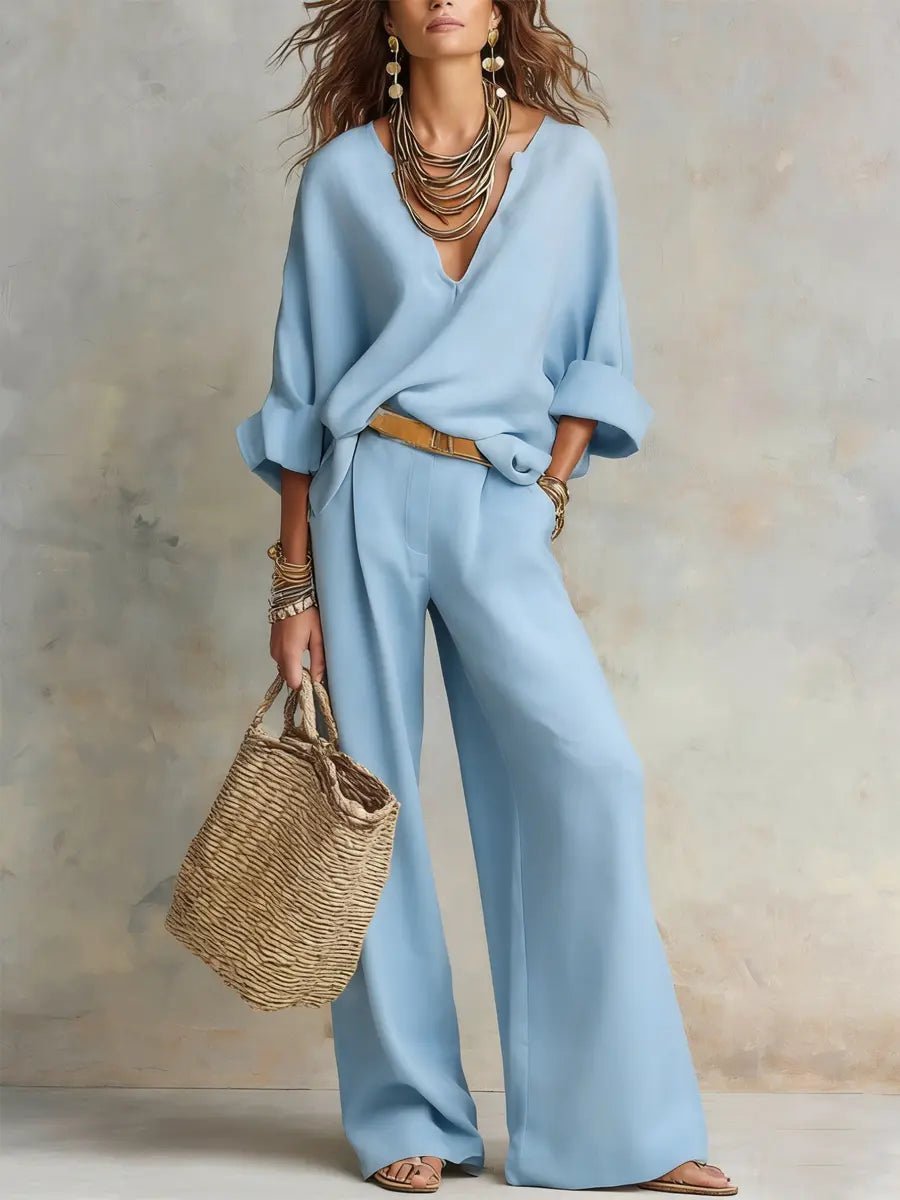 Effortless Linen Wide Leg Set for Women with V Neck Wrap Sleeve Relaxed Two Piece Style