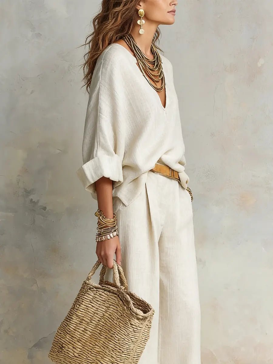 Effortless Linen Wide Leg Set for Women with V Neck Wrap Sleeve Relaxed Two Piece Style