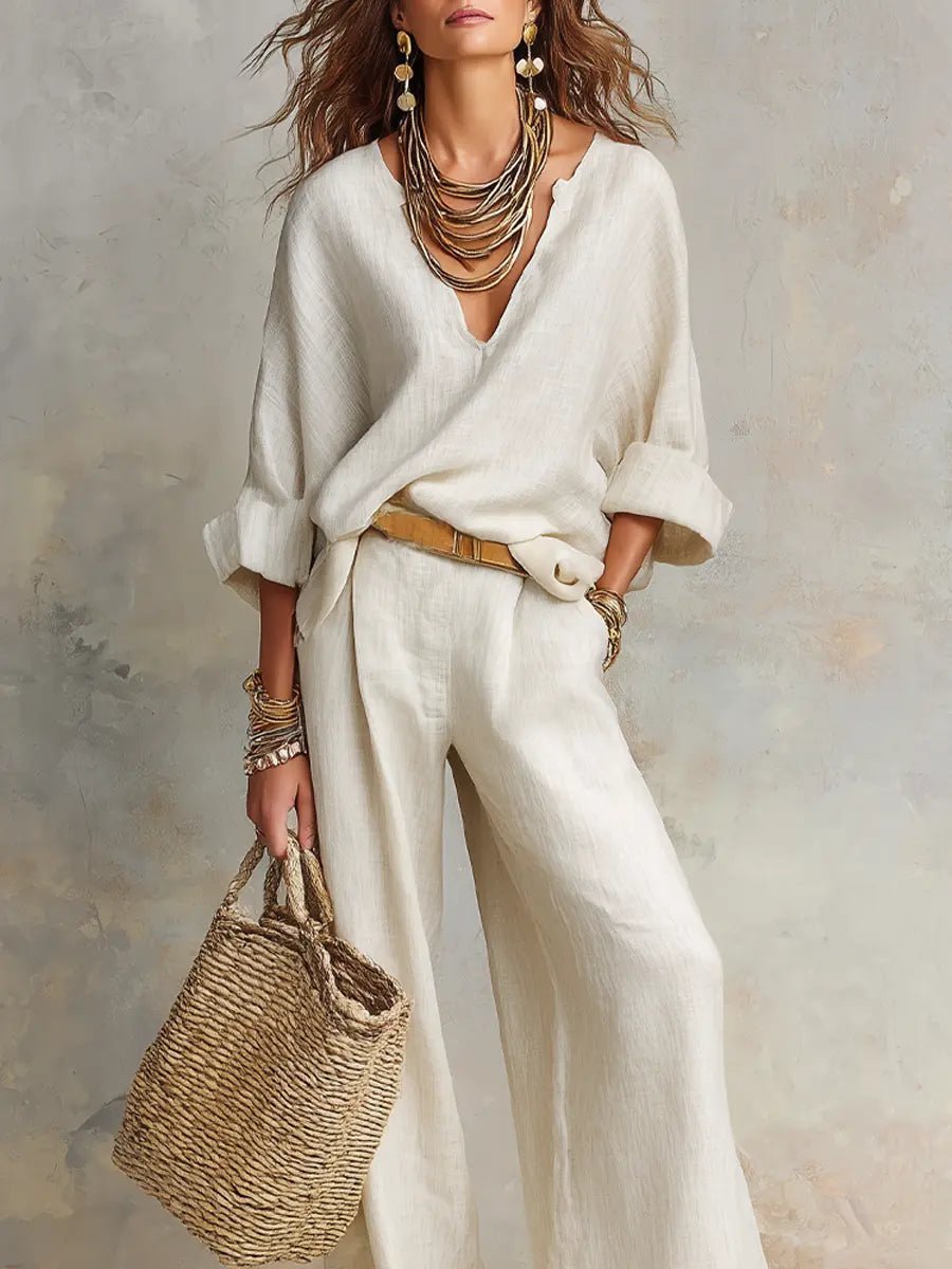 Effortless Linen Wide Leg Set for Women with V Neck Wrap Sleeve Relaxed Two Piece Style