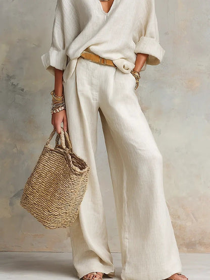 Effortless Linen Wide Leg Set for Women with V Neck Wrap Sleeve Relaxed Two Piece Style
