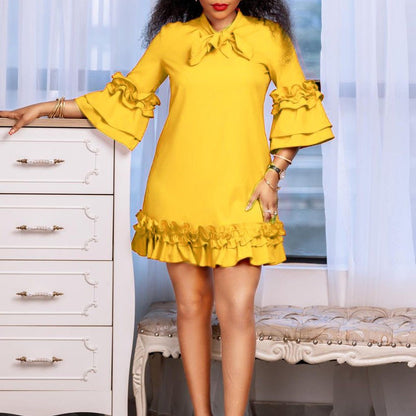 Elegant Tiered Ruffle Mini Dress for Women with Bow Tie Neck Bell Sleeve Flowing Style
