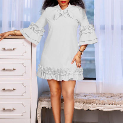 Elegant Tiered Ruffle Mini Dress for Women with Bow Tie Neck Bell Sleeve Flowing Style