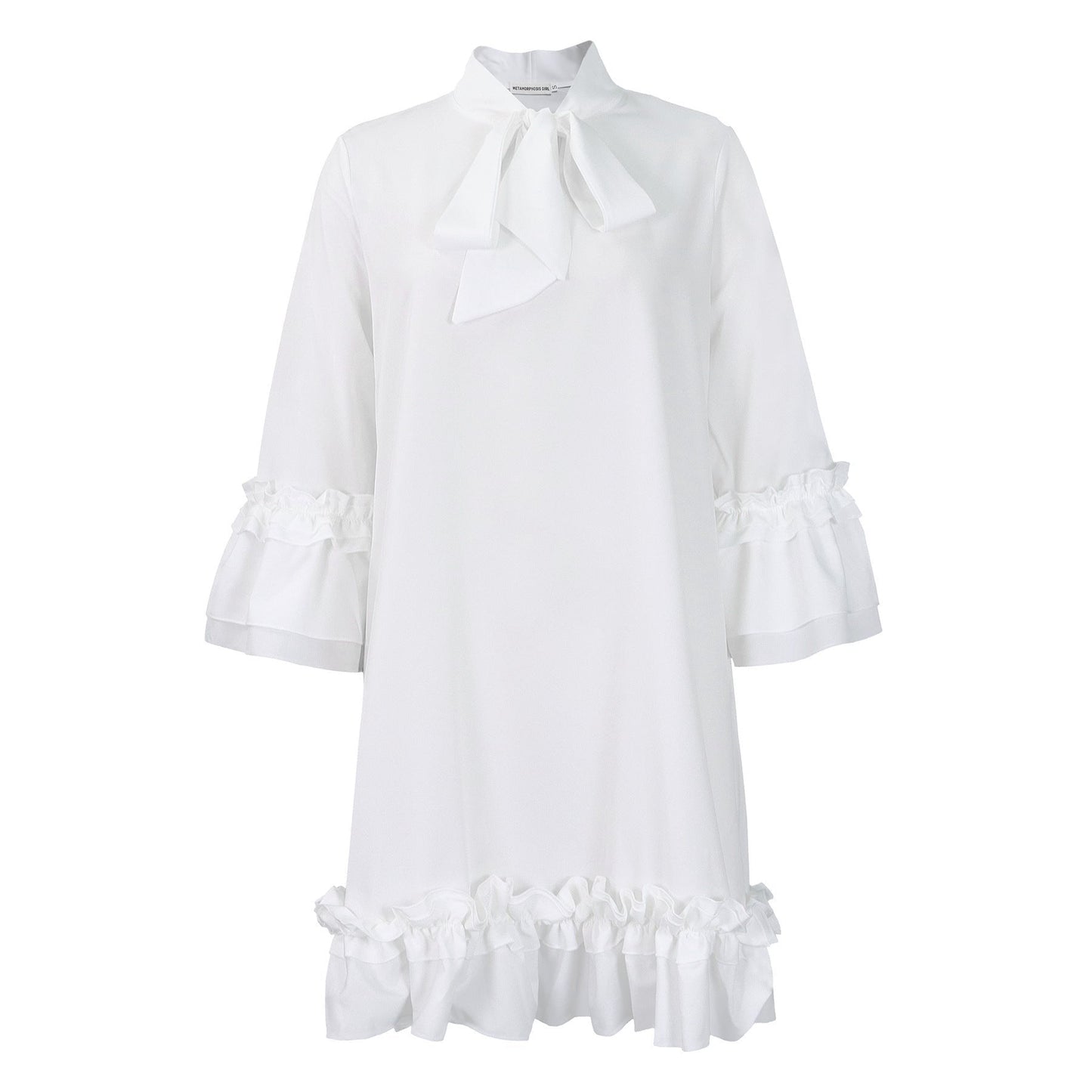 Elegant Tiered Ruffle Mini Dress for Women with Bow Tie Neck Bell Sleeve Flowing Style