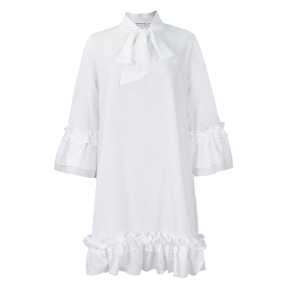 Elegant Tiered Ruffle Mini Dress for Women with Bow Tie Neck Bell Sleeve Flowing Style