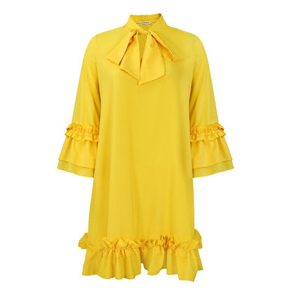 Elegant Tiered Ruffle Mini Dress for Women with Bow Tie Neck Bell Sleeve Flowing Style