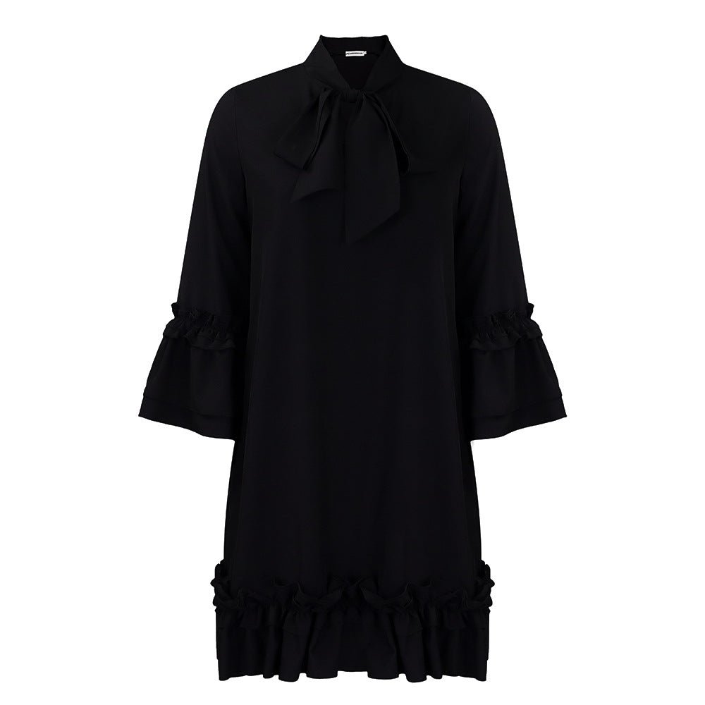Elegant Tiered Ruffle Mini Dress for Women with Bow Tie Neck Bell Sleeve Flowing Style
