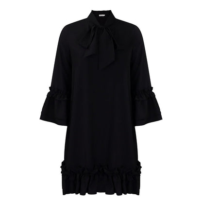 Elegant Tiered Ruffle Mini Dress for Women with Bow Tie Neck Bell Sleeve Flowing Style