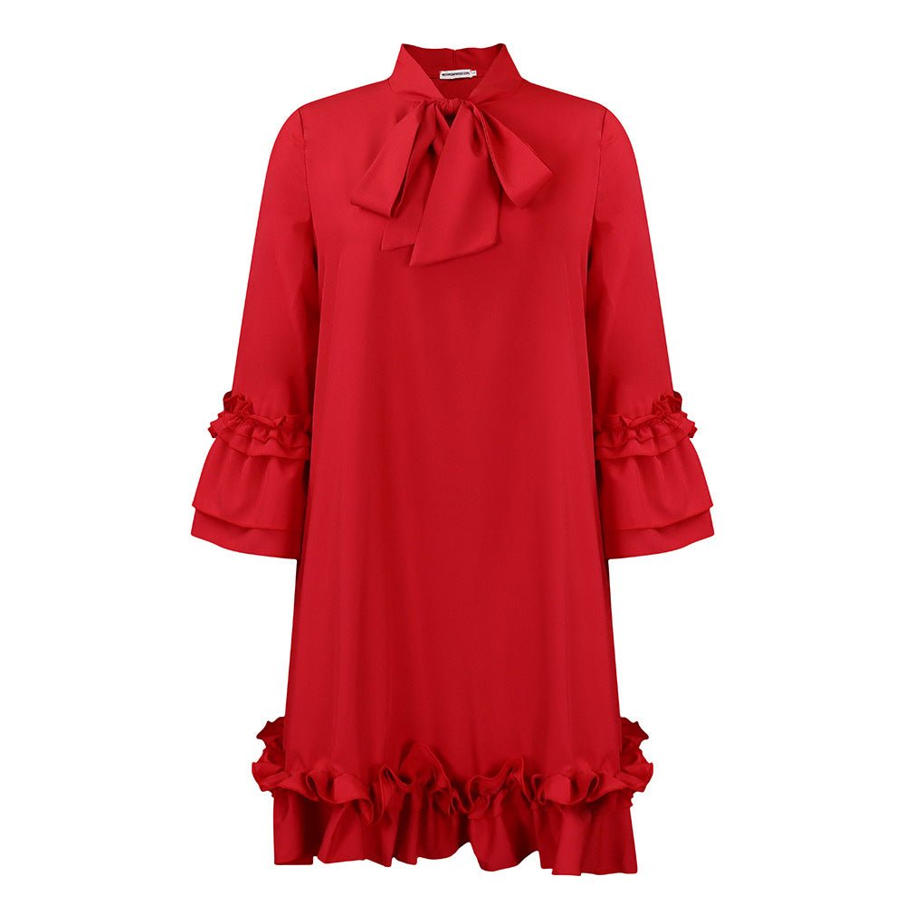 Elegant Tiered Ruffle Mini Dress for Women with Bow Tie Neck Bell Sleeve Flowing Style