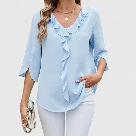 Effortless Ruffle Blouse for Women with V Neck Split Sleeve Relaxed Flowing Style