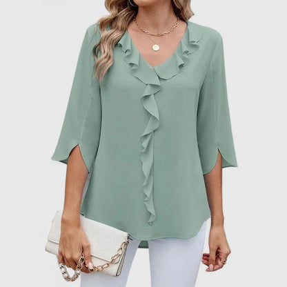 Effortless Ruffle Blouse for Women with V Neck Split Sleeve Relaxed Flowing Style