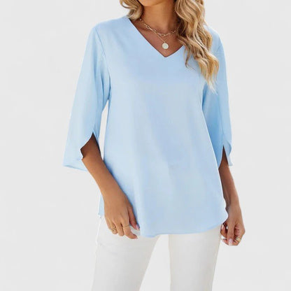 Effortless Ruffle Blouse for Women with V Neck Split Sleeve Relaxed Flowing Style