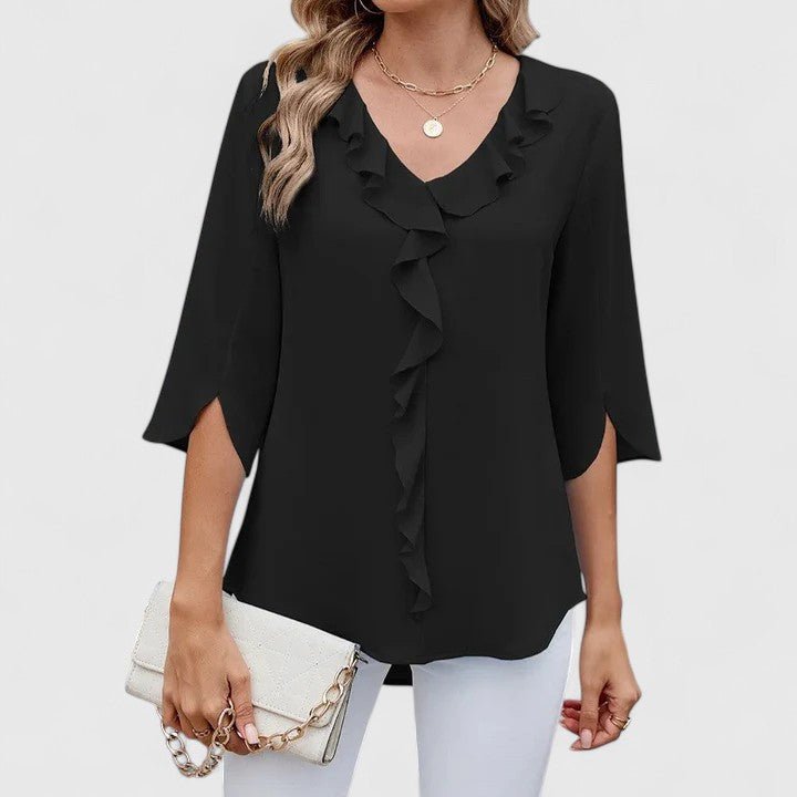 Effortless Ruffle Blouse for Women with V Neck Split Sleeve Relaxed Flowing Style