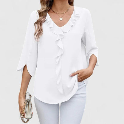 Effortless Ruffle Blouse for Women with V Neck Split Sleeve Relaxed Flowing Style